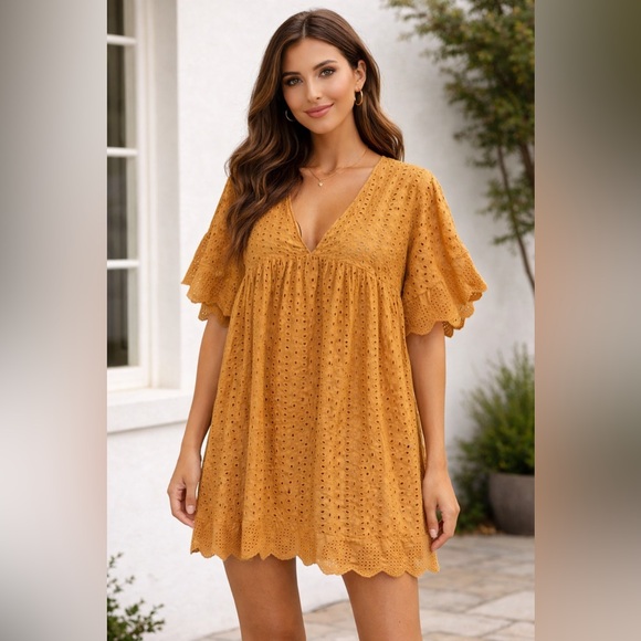 Mustard Seed Tops - Mustard Seed Golden Mustard Eyelet V-Neck Flutter Sleeve Tunic